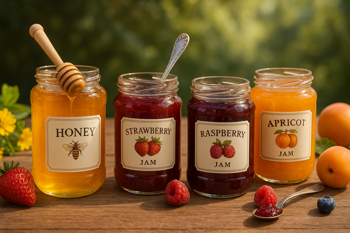 Artisanal glass jars filled with golden honey and colorful fruit jams arranged on a rustic wooden table with natural background elements